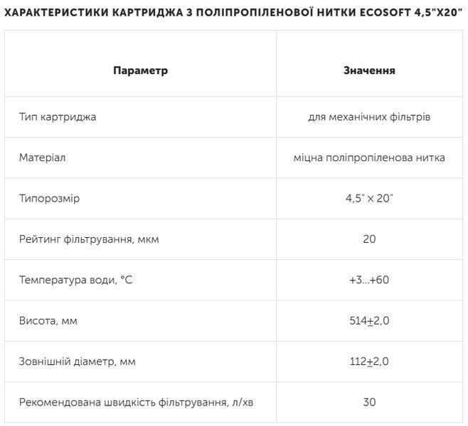 CPN452020ECO Картридж нитка Екософт ВВ20 4,5"x20" 20 мкм для механічного очищення від іржі, піску, мулу Ecosoft SW-PP20 2655135181 фото