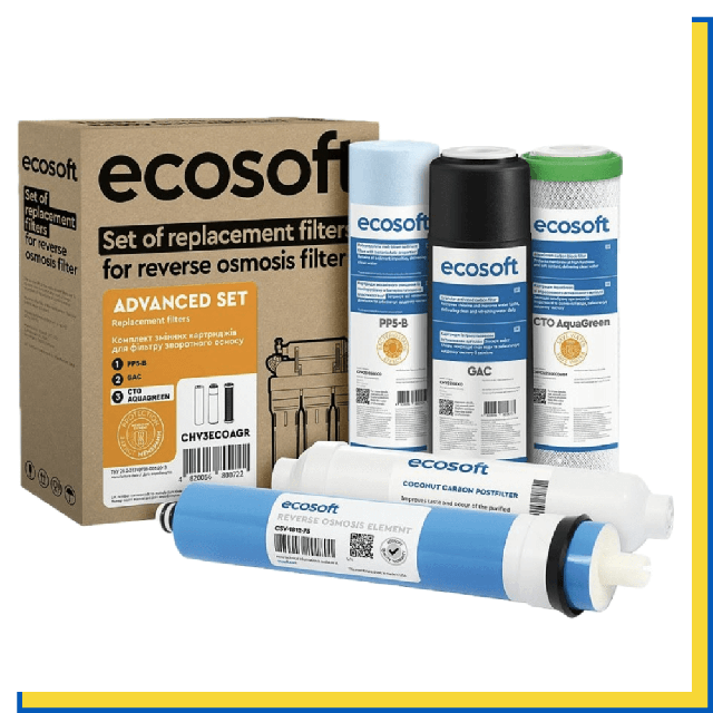 Комплект картриджів Ecosoft Absolute AquaGreen + Постфільтр + Мембрана 75 GPD (набір 5 шт)